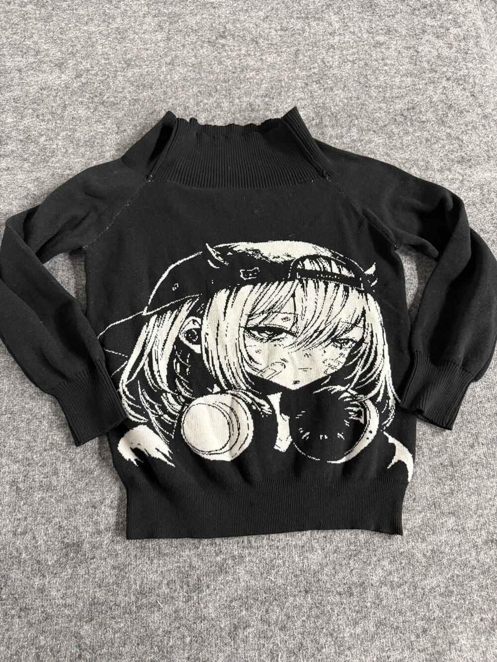 Romwe Anime Girl Sweater Women Large Black Cartoom Mock Neck Pullover N114